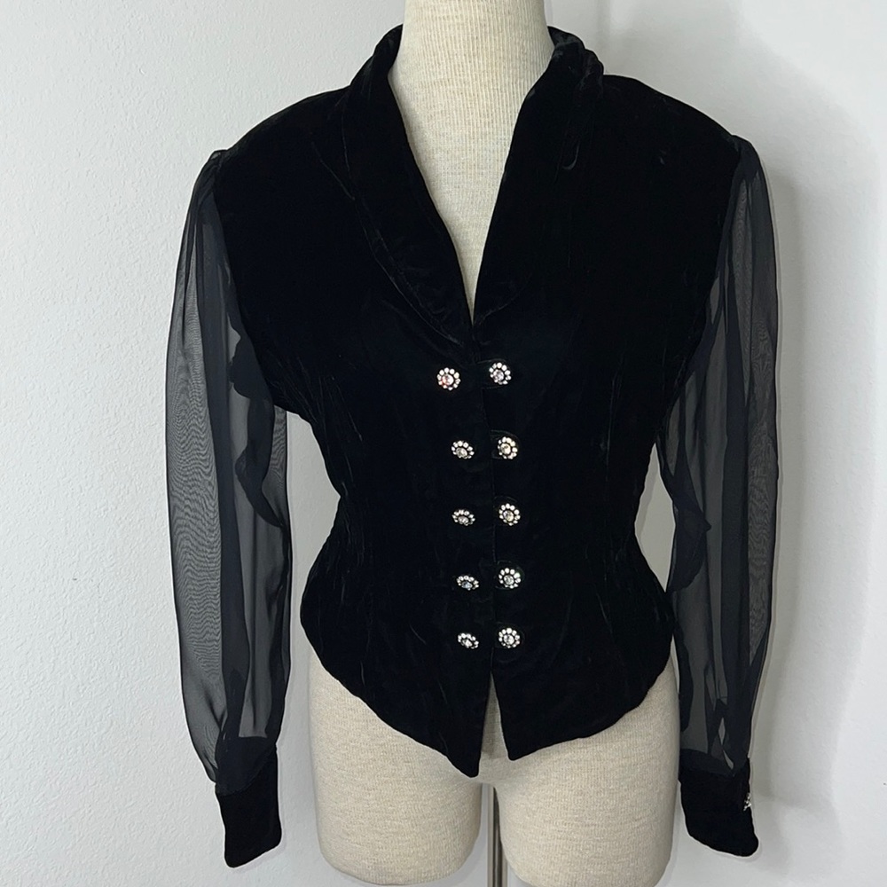 🔹 Charade Vintage Velvet Velour Sheer Sleeve Top with Rhinestone Buttons